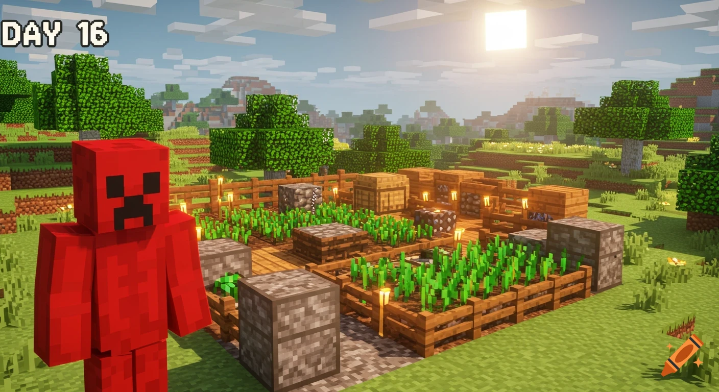 A Minecraft scene with a red creeper skin character next to a farm, featuring wooden fences, crops, and a bright sky, with 'DAY 16' in the corner.