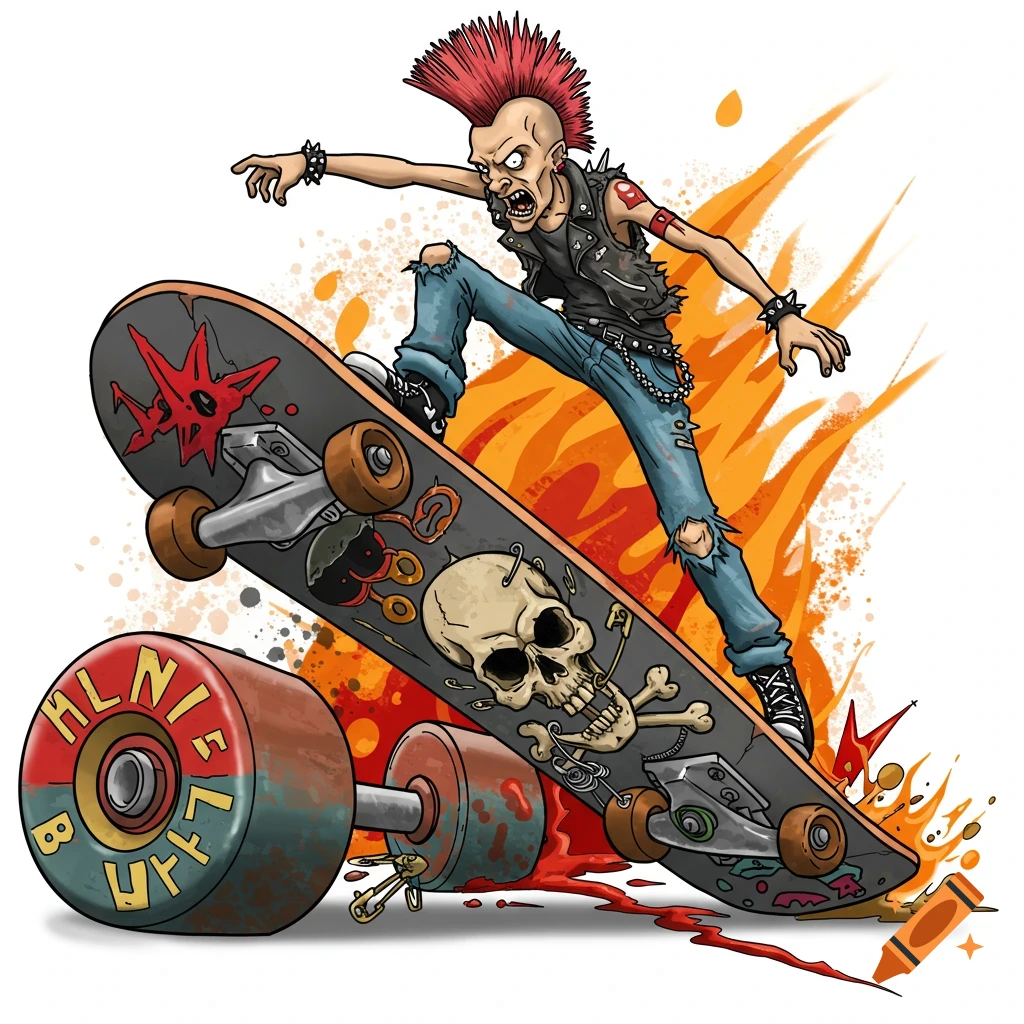 Cartoon illustration of a punk rock character with a red mohawk skateboarding over stylized flames and blood.