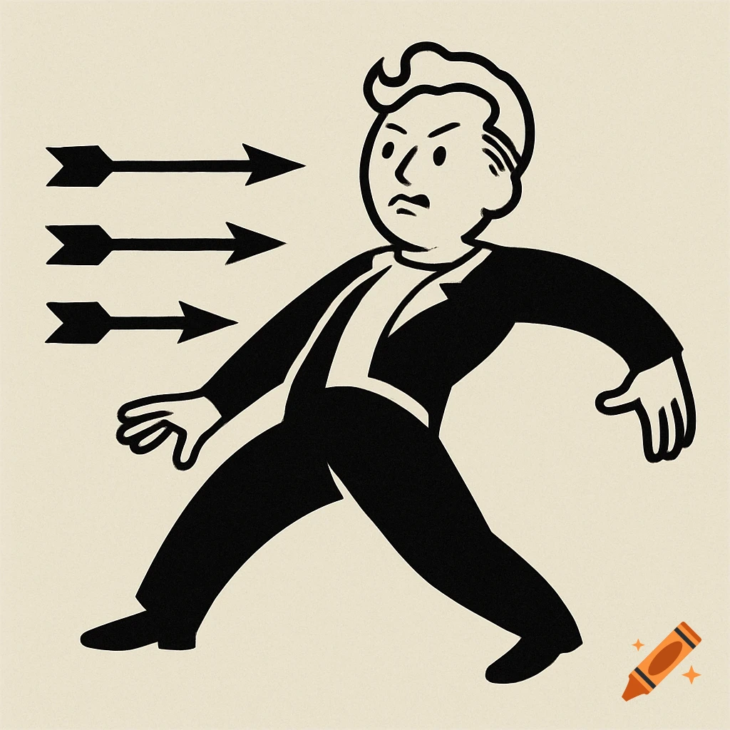 A stylized retro illustration of a man in a suit dodging three black arrows from the left.