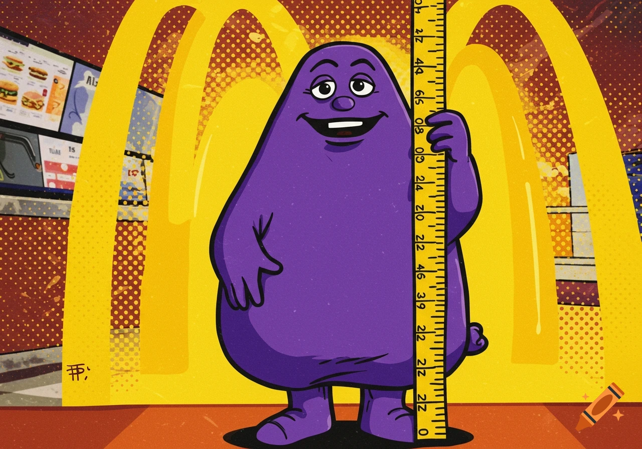 Grimace, the purple McDonald's character, smiles while holding a ruler in a pop-art style setting with golden arches.