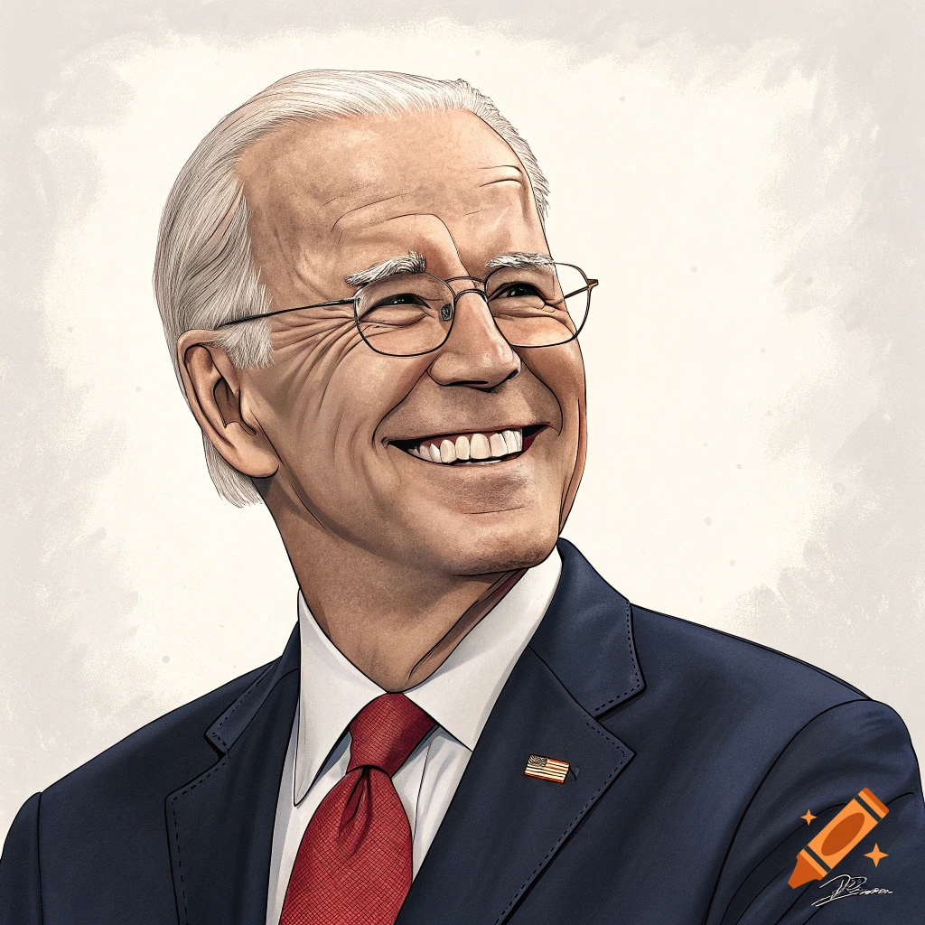 A stylized illustration of a smiling Joe Biden wearing a suit, red tie, and glasses, looking up and to the right.