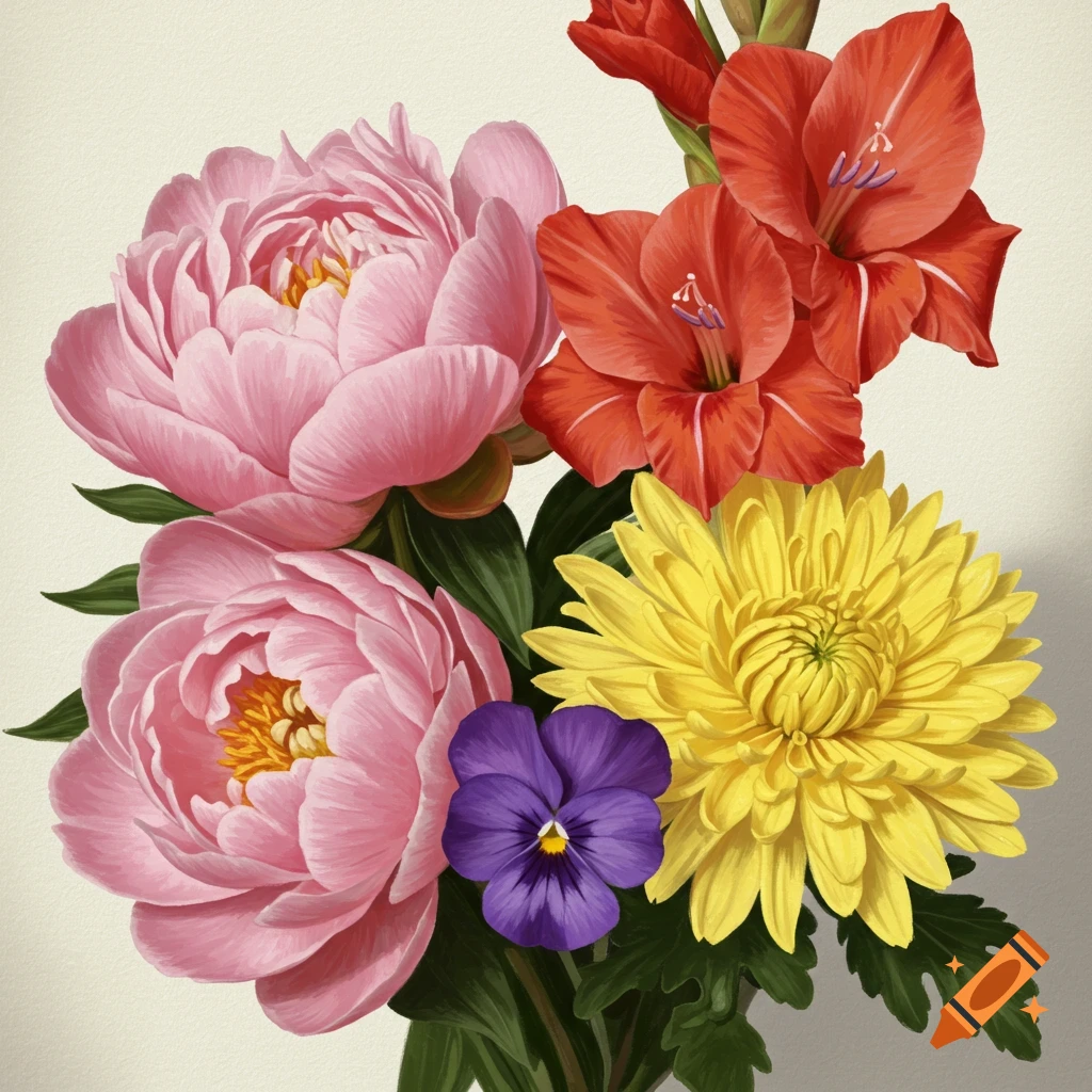 A vibrant botanical illustration of a bouquet featuring pink peonies, red gladiolus, a yellow chrysanthemum, and a purple pansy.