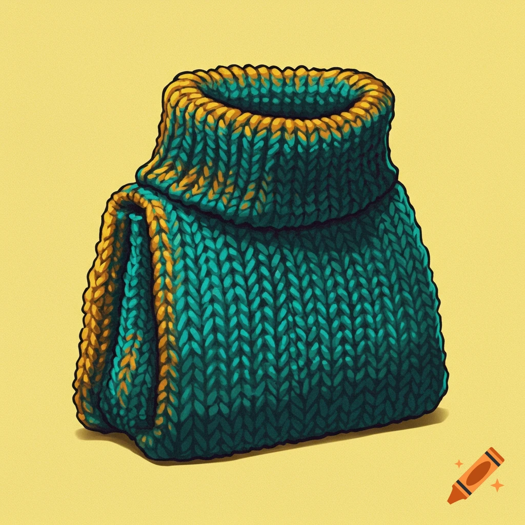 A teal and gold knitted turtle neck purse on a yellow background.