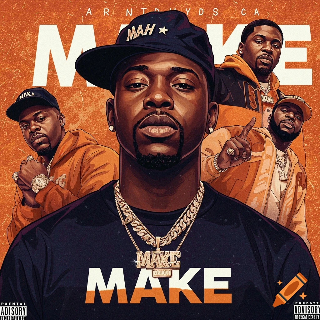 An illustrative album cover featuring four Black men, with the main figure in the foreground wearing a cap and chains. The text "MAKE" is prominent.