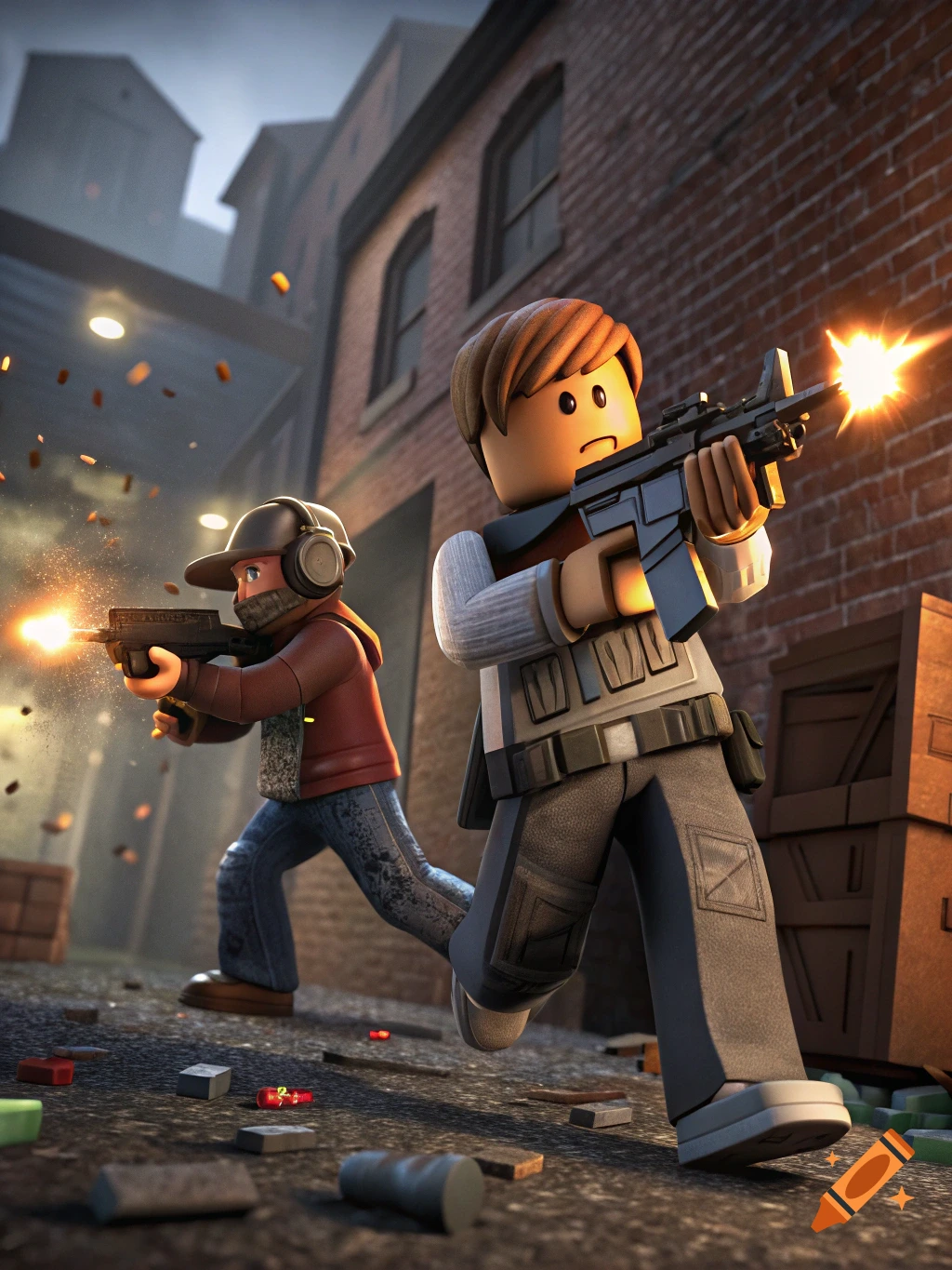 Two Roblox characters with guns running through a brick alley, firing their weapons, with shell casings flying.