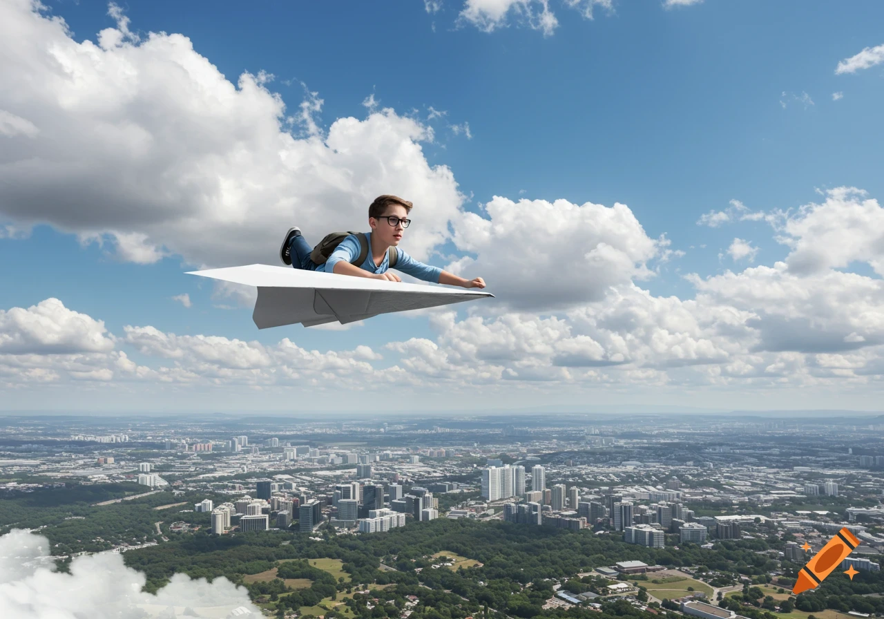 A young boy wearing glasses and a backpack flies on a large paper airplane over a sprawling city under a blue sky.