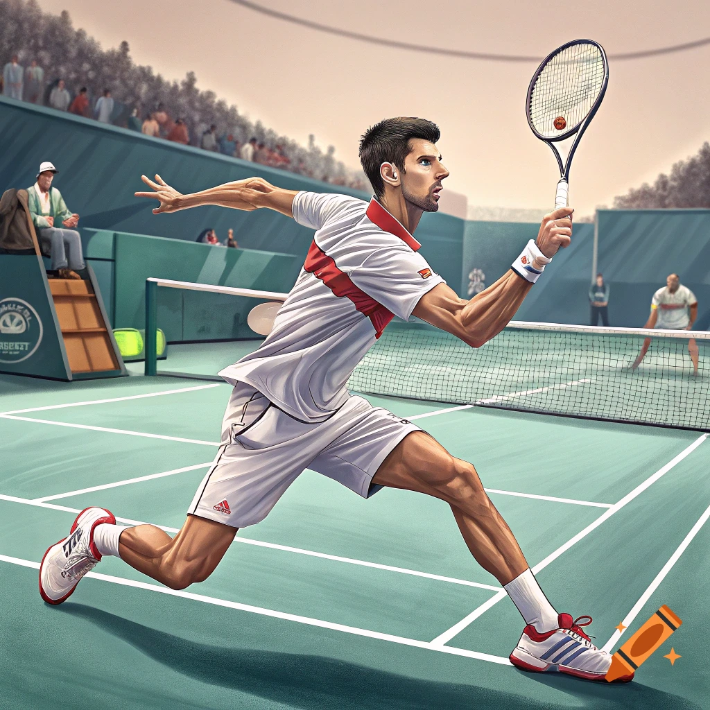 An illustration of Novak Djokovic playing tennis on a green court, holding a racket and hitting a ball, with spectators in the background.
