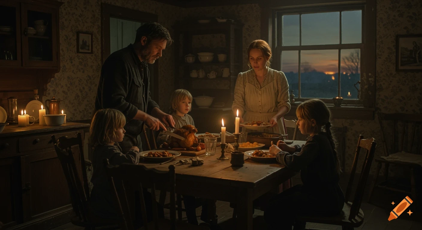 A family eats a candlelit dinner at a wooden table in a rustic kitchen at dusk.