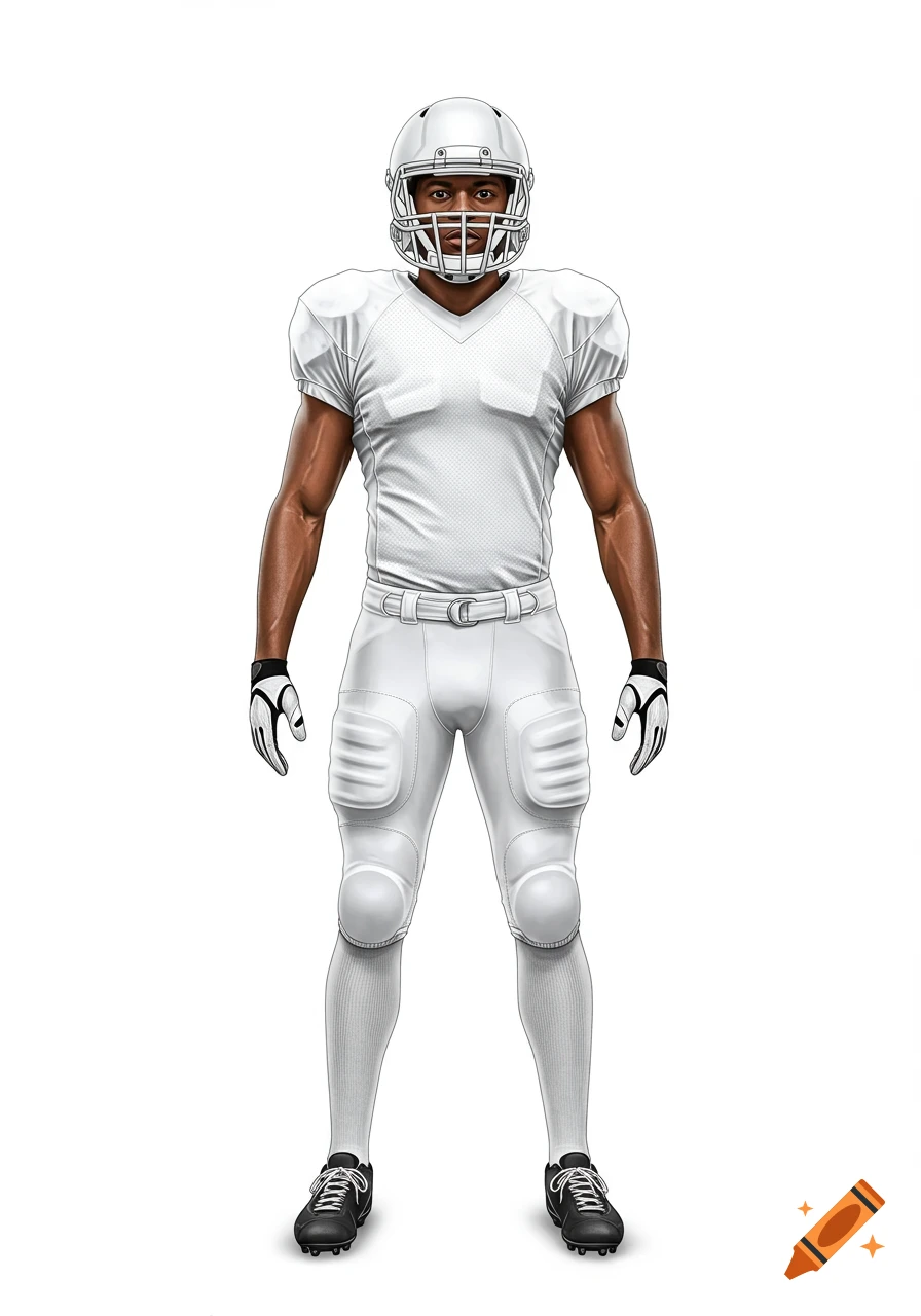 A full-body, detailed, realistic illustration of an American football player standing upright, wearing an all-white uniform, helmet, and cleats, on a pure white background.