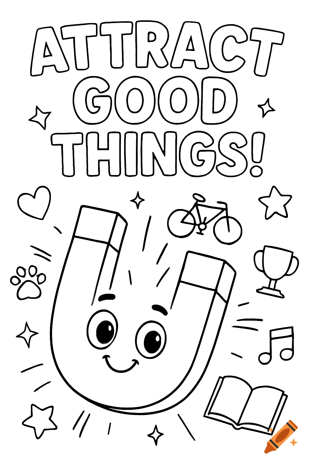 Black and white coloring page of a smiling cartoon magnet attracting objects like a bike, book, and paw print, with 'Attract Good Things!' text.