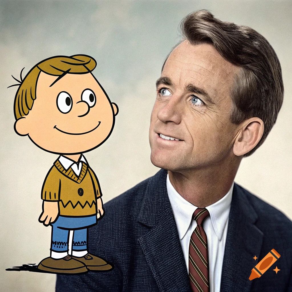 A Peanuts-style cartoon boy stands next to a smiling man identified as Robert F. Kennedy Jr. in a suit.