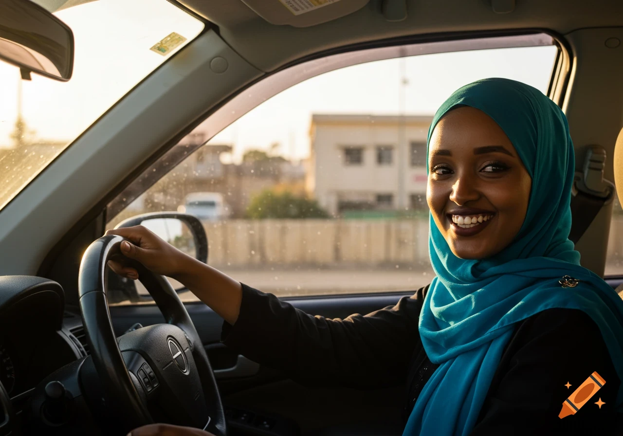 A young Somali woman in a teal hijab smiles while driving a car, with sunlight on her face.
