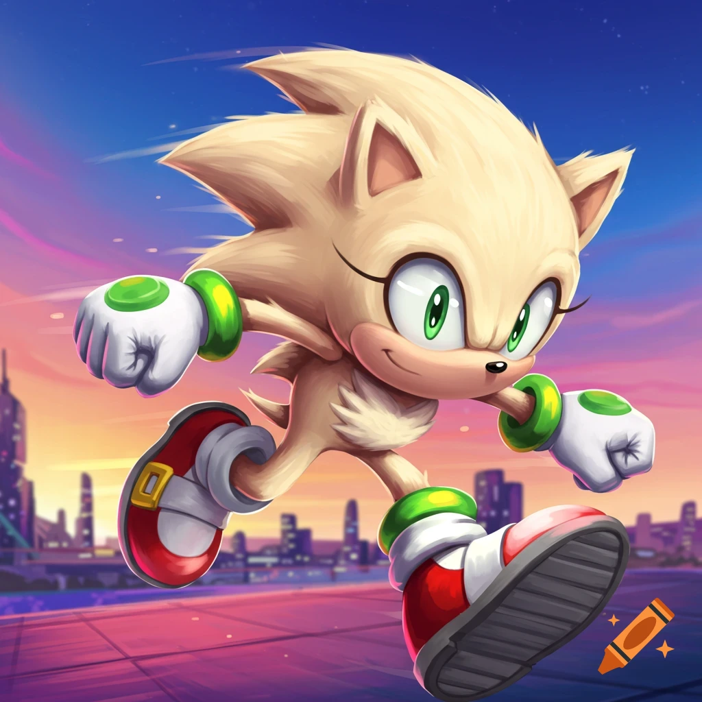 A cream-colored Sonic-like character with green eyes and green-ringed gloves runs with a city skyline in the background, stylized art.