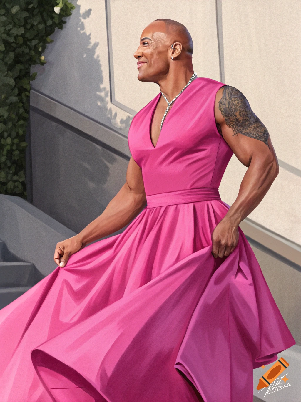 Digital painting of Dwayne 'The Rock' Johnson in a vibrant pink dress and necklace, smiling against a building backdrop.