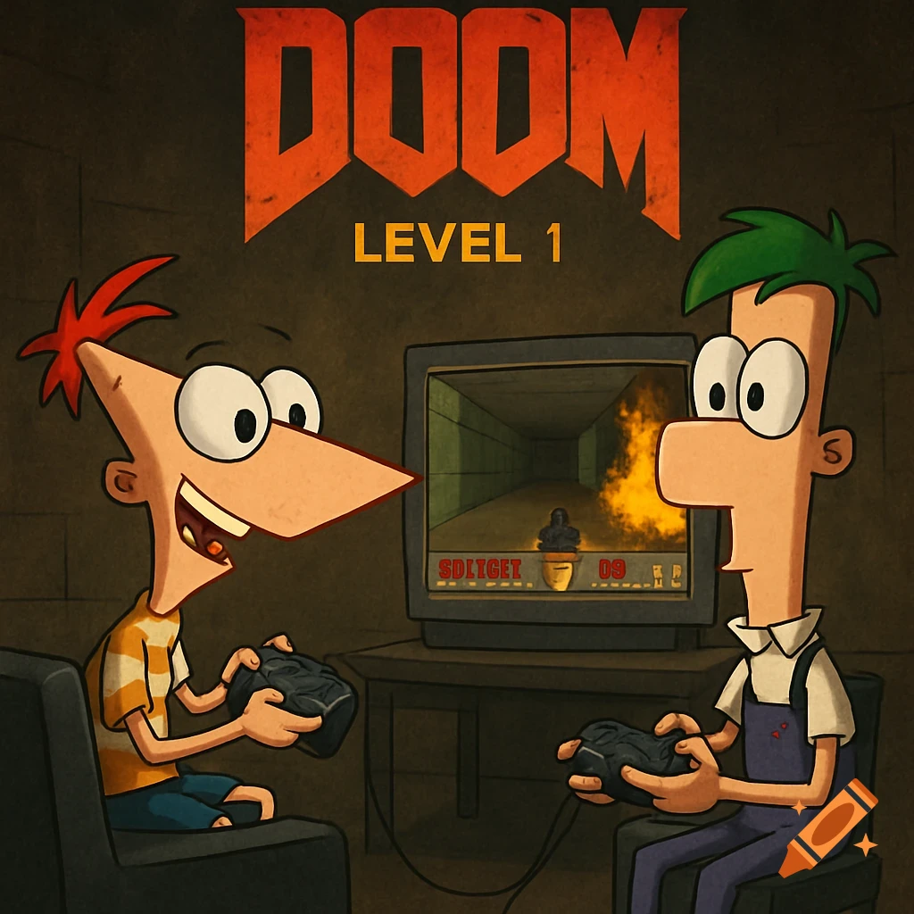 Phineas and Ferb cartoon characters playing the classic Doom video game on a TV screen.