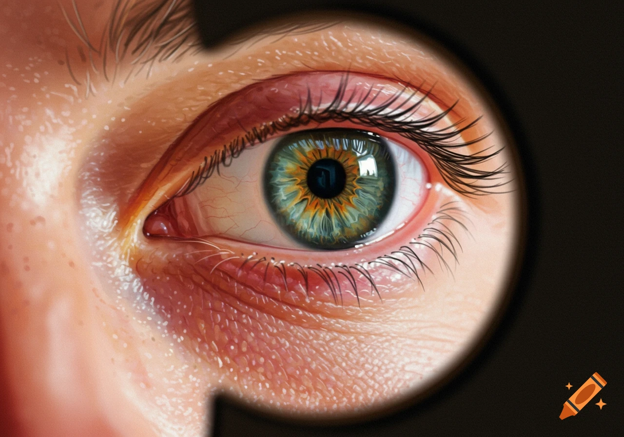 A highly detailed, photorealistic close-up of a human eye with a vibrant green and orange iris, viewed through a circular opening, possibly a pinhole occluder.