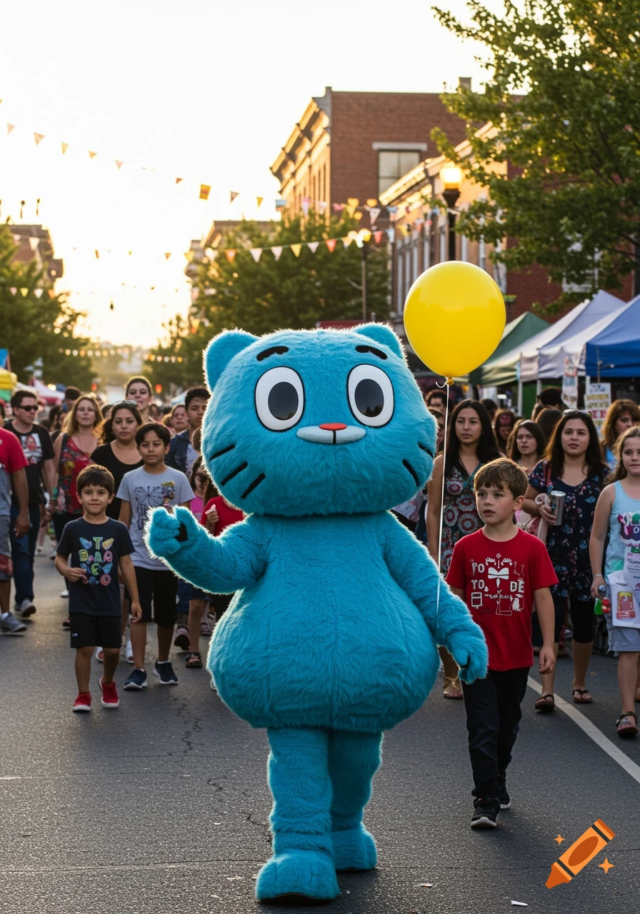 A person in a blue Gumball Watterson mascot costume walks down a sunny street during an outdoor event, surrounded by people and a yellow balloon.