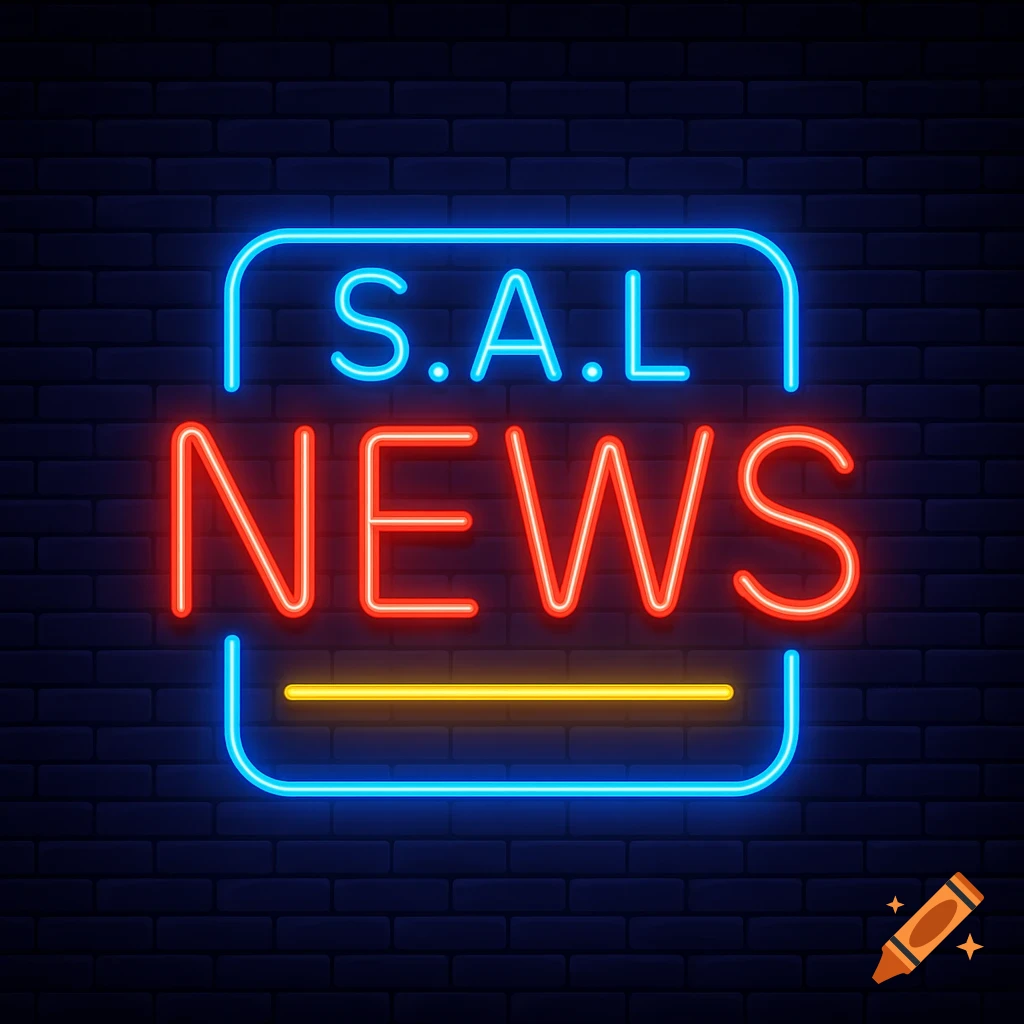 A neon sign with blue border and blue text 'S.A.L' above red text 'NEWS' and a yellow line, against a dark brick wall.