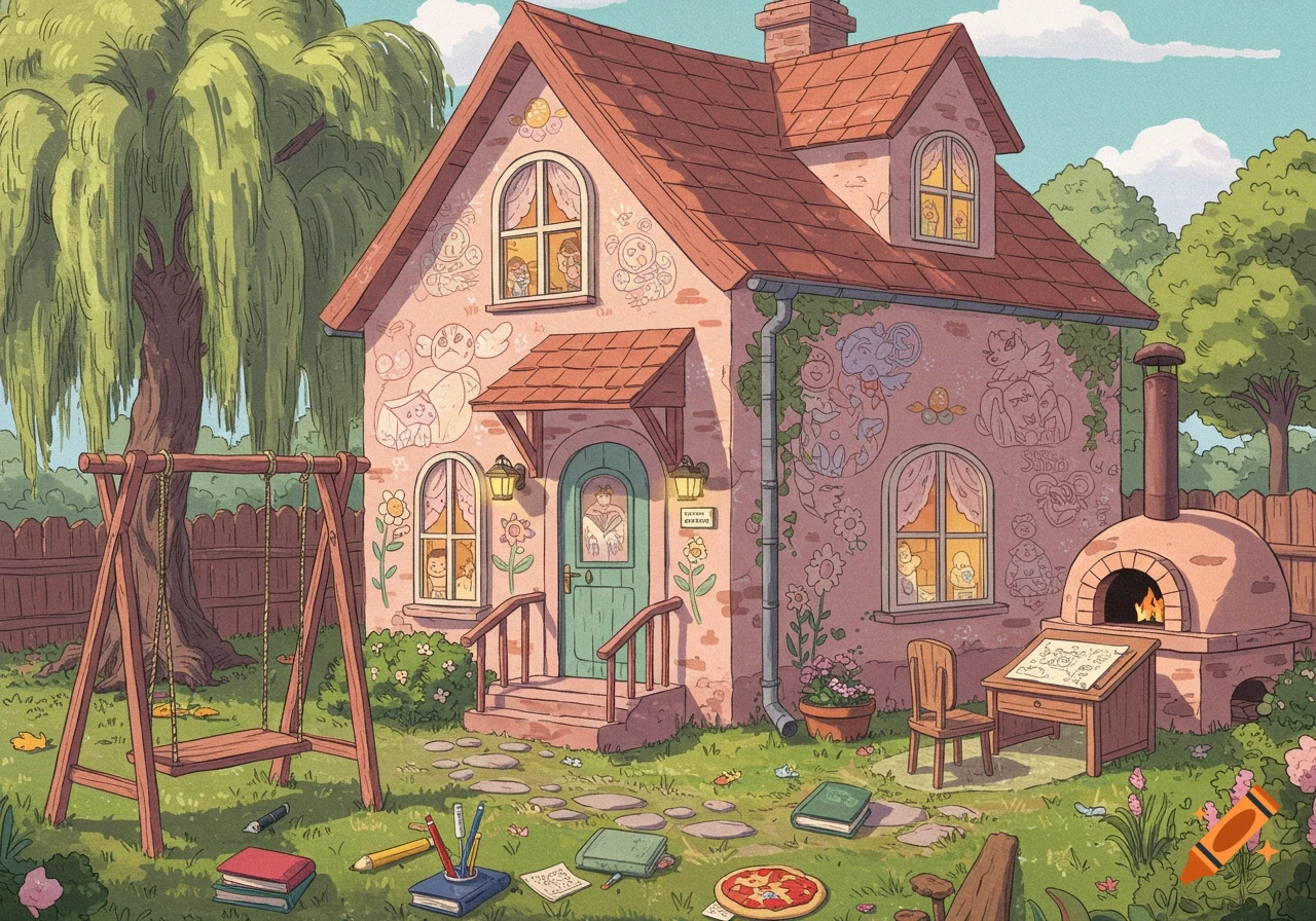 A whimsical, cartoon-style illustration of a pink house and a lush green garden with a swing set, pizza oven, and scattered art supplies. Drawings adorn the house walls, and children are visible in windows.