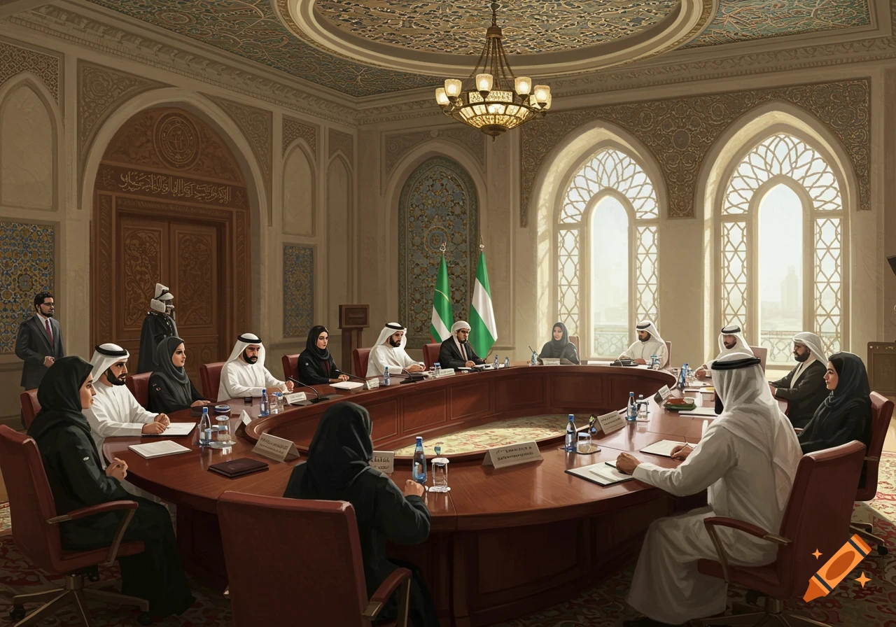 A group of people in traditional Middle Eastern attire are seated around a large U-shaped conference table in an ornate room with arched windows.