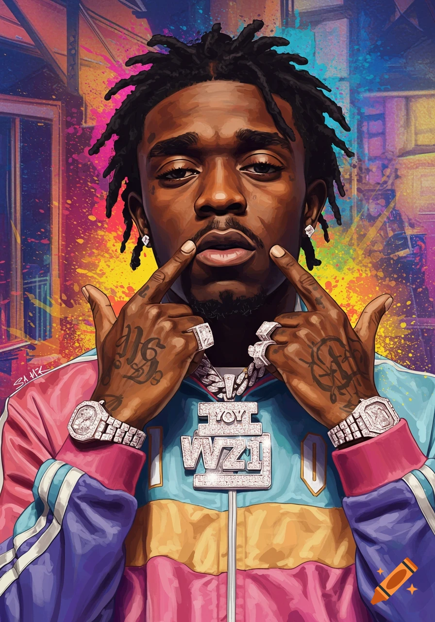 A colorful pop art style portrait of a man with dreadlocks, wearing a vibrant striped jacket, diamond-encrusted watches, and large diamond chains with illegible text.
