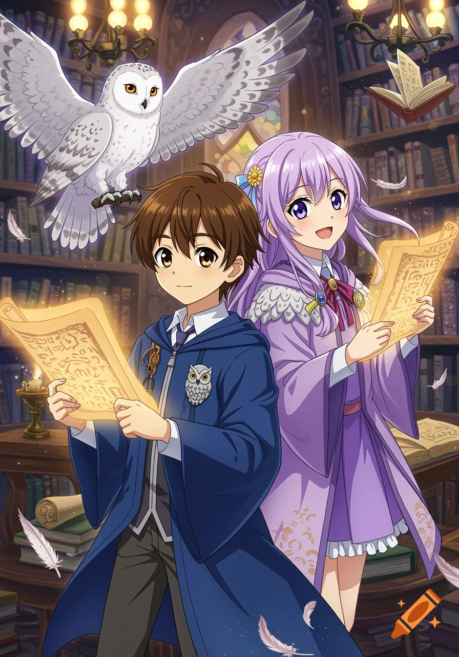 Anime boy and girl scholars in a library, holding glowing scrolls, with a white owl flying above.