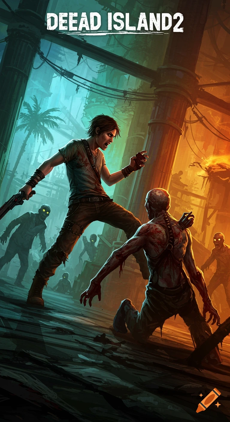 A stylized image of a male survivor fighting a zombie in a ruined city with vibrant teal and orange lighting, titled "DEEAD ISLAND 2".