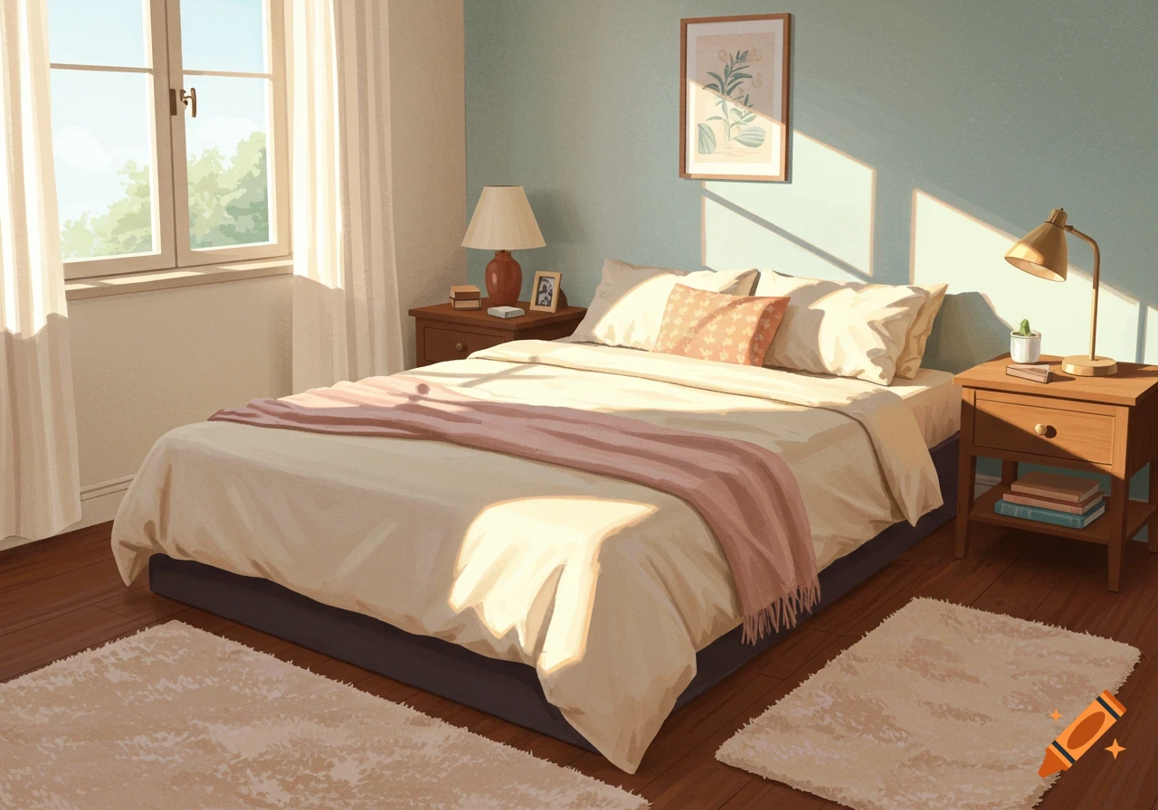 A cozy, sunlit bedroom with a bed, two nightstands, a large window with white curtains, and wooden floors with two light rugs.