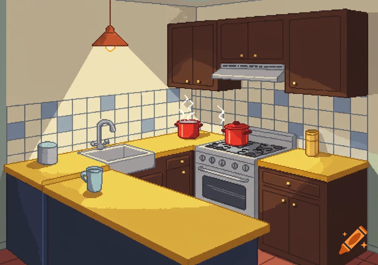 A pixel art illustration of a cozy kitchen with a sink, stove, cabinets, and two pots boiling on the range.