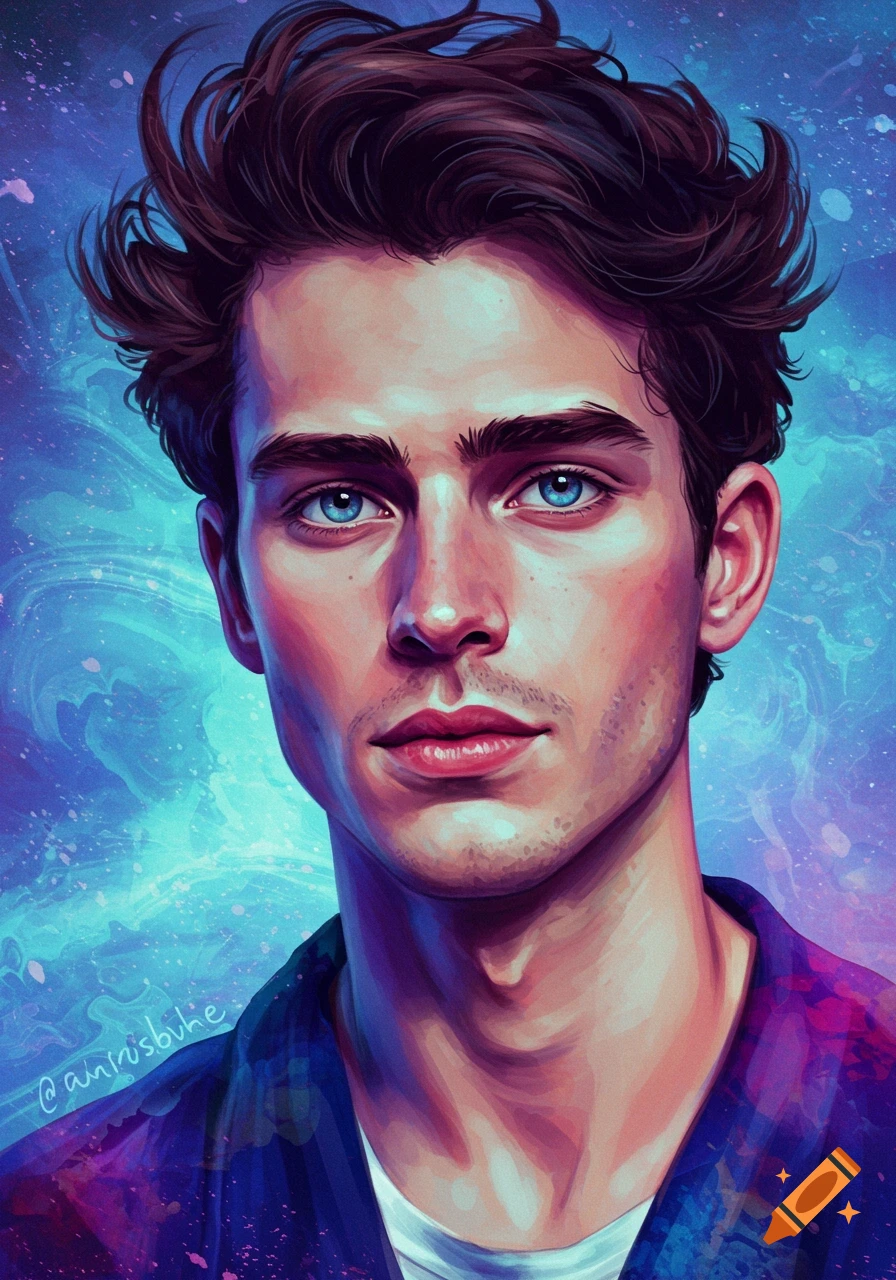 A stylized digital art portrait of a young man with bright blue eyes and messy dark hair against a vibrant blue and purple background.