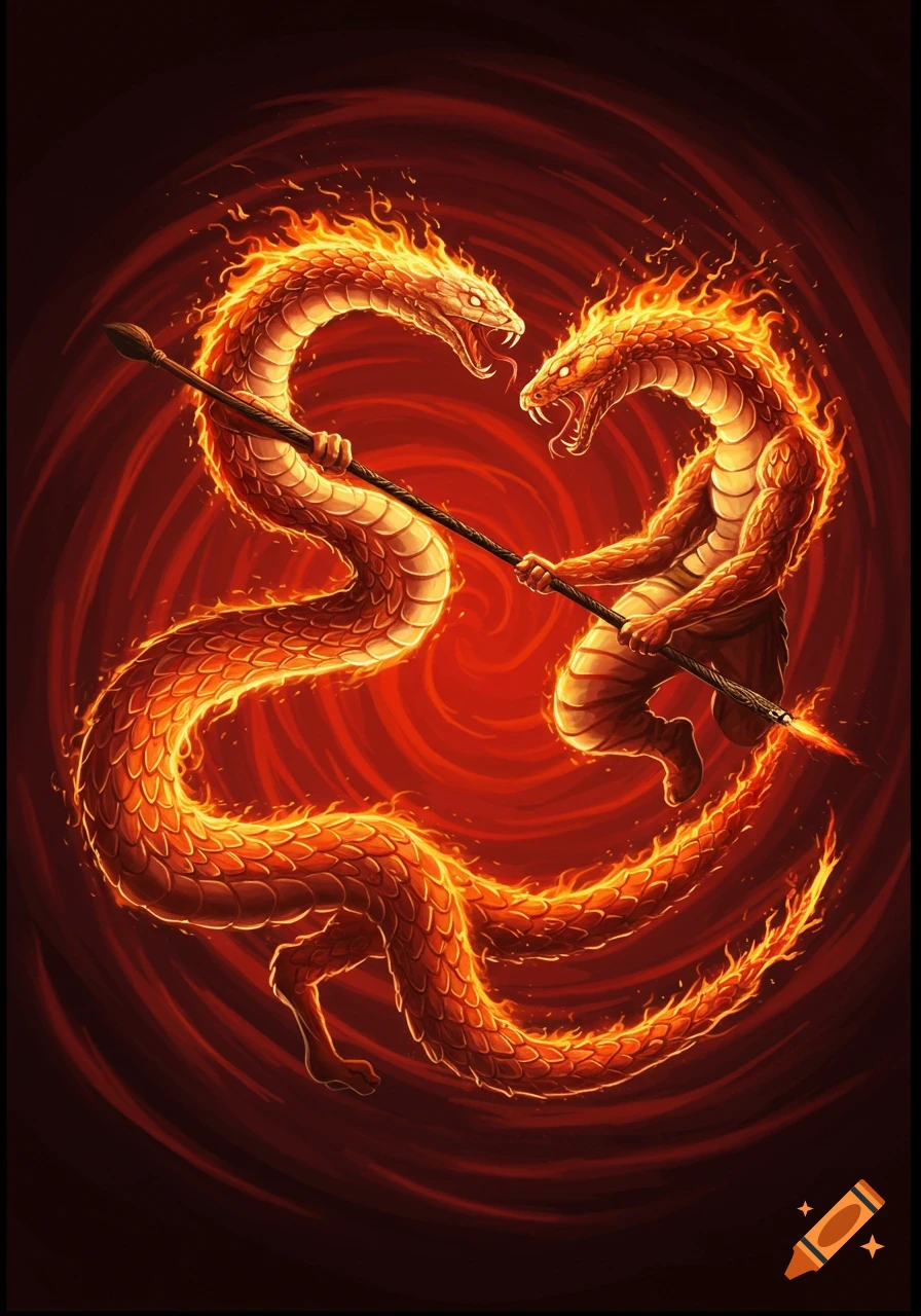 Two anthropomorphic fire snakes with glowing scales engaged in a staff fight against a swirling red background.
