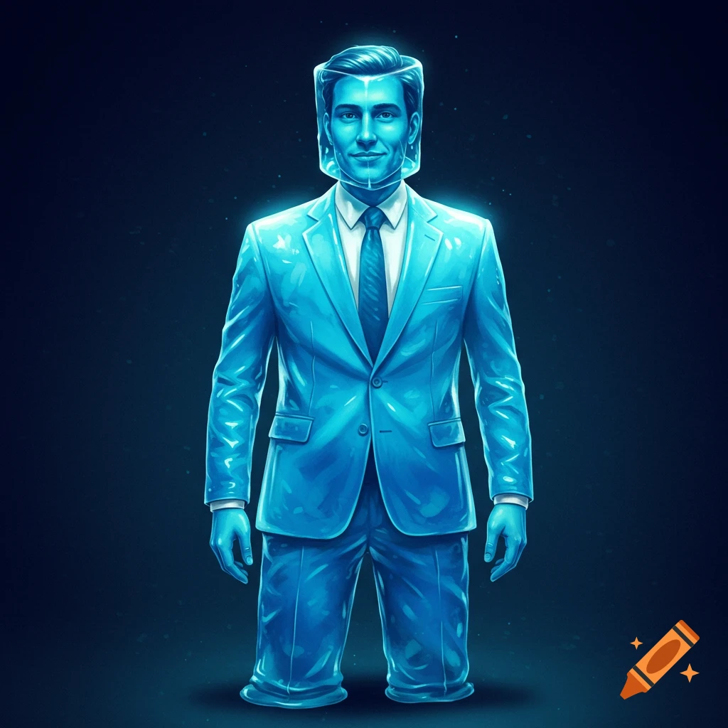 A glowing blue translucent humanoid figure in a suit, resembling a gelatinous form, stands against a dark background.