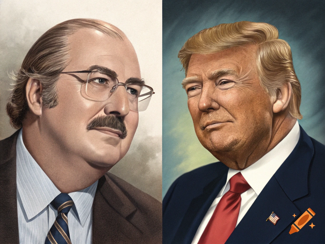 A painted portrait featuring Budd Dwyer on the left and Donald Trump on