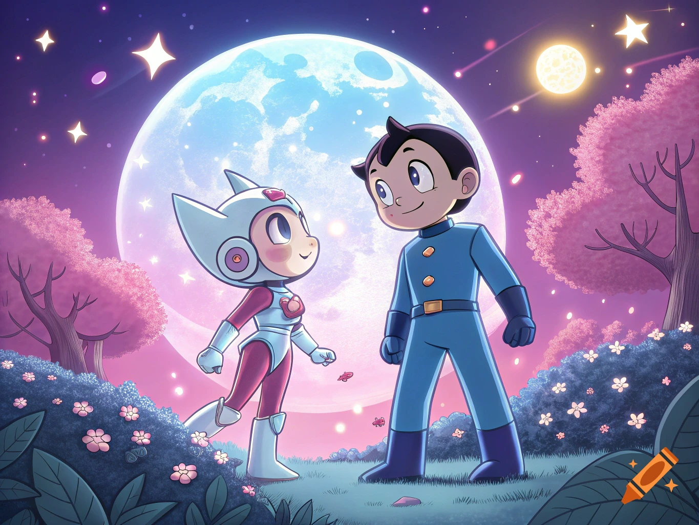 Astro Boy and a robot girl stand under a large full moon with pink trees and flowers in a vibrant anime style.