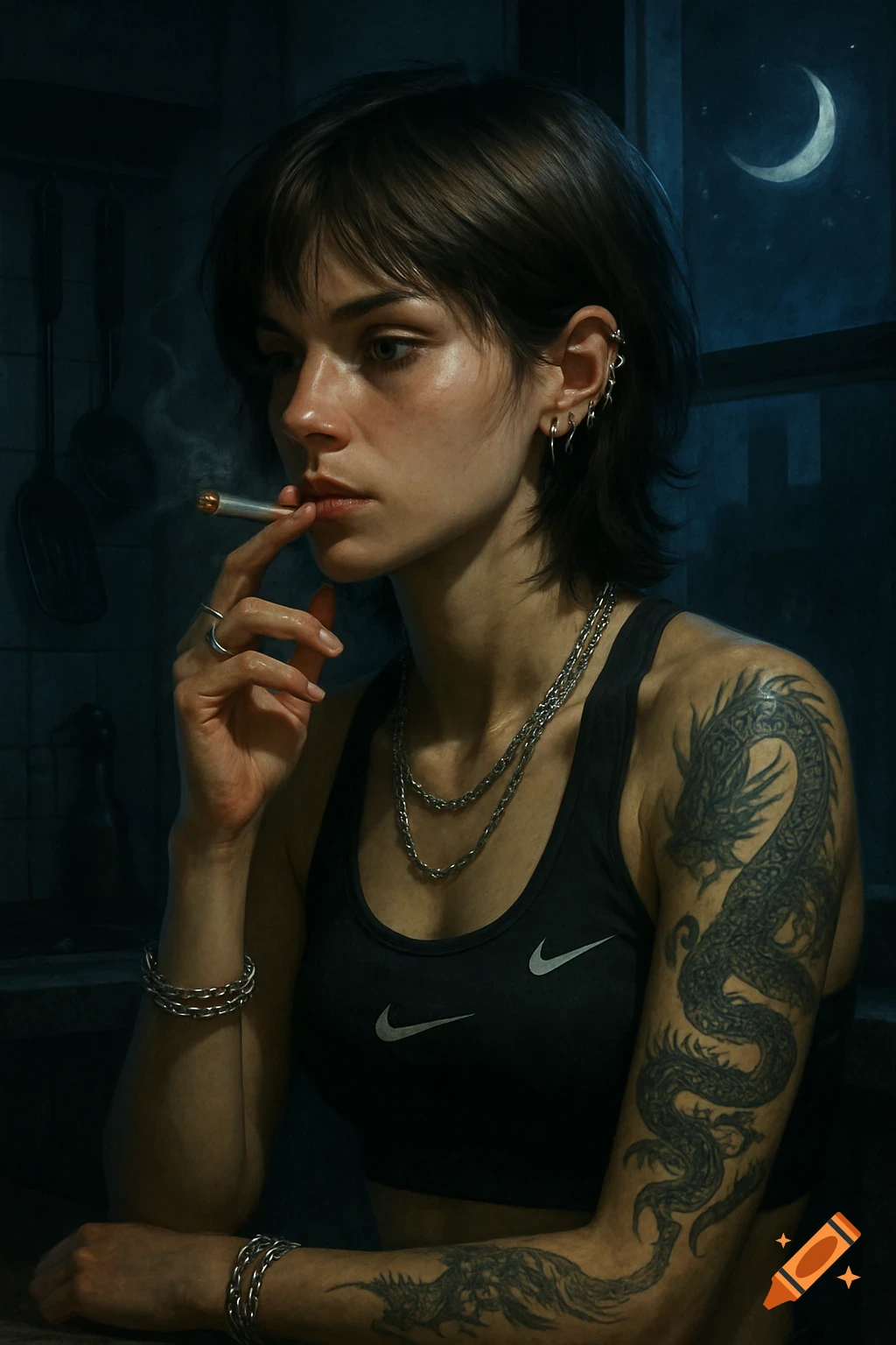 A moody digital painting of a short-haired woman in a Nike sports bra, with tattoos and jewelry, smoking a cigarette at night.