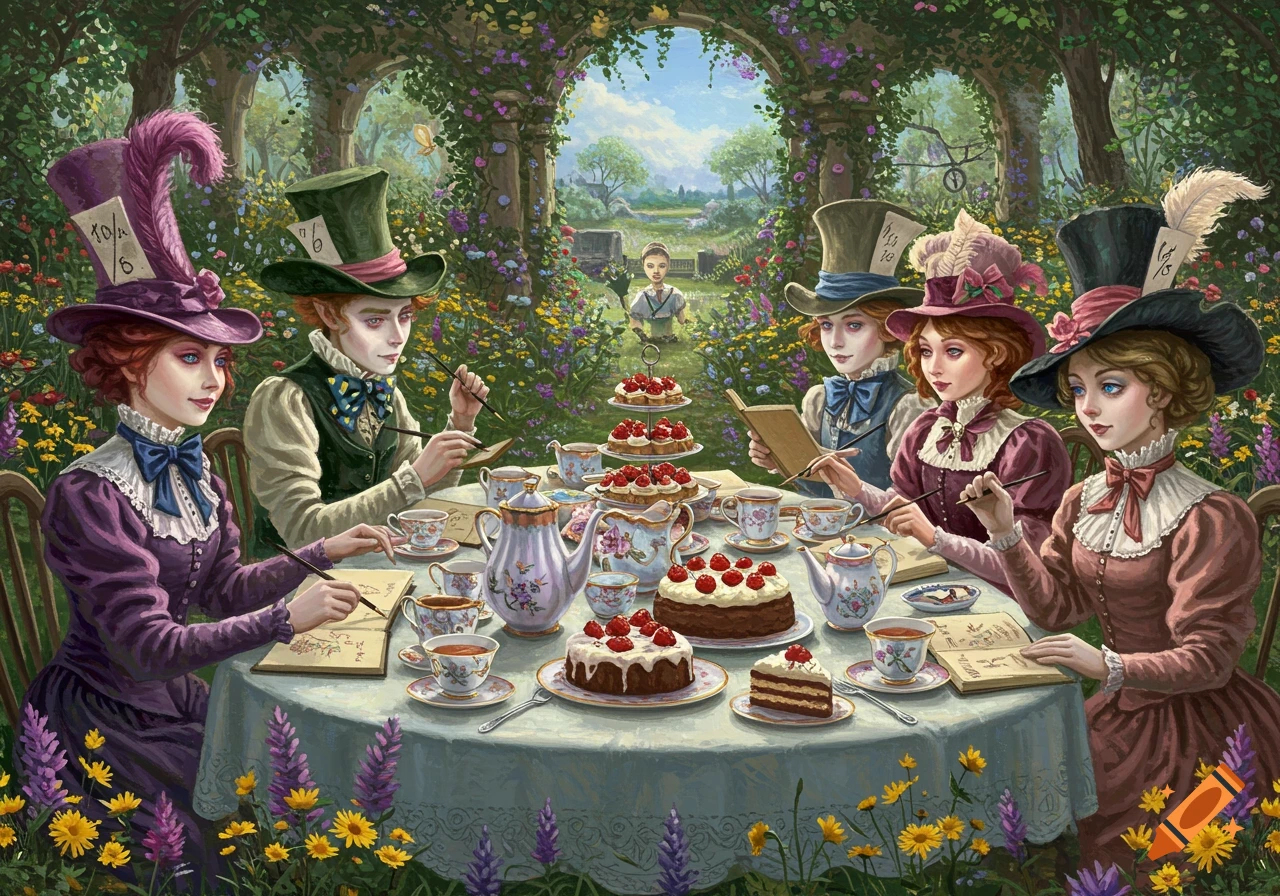 A vibrant illustration of a Mad Hatter's tea party in an enchanted garden, with various characters writing in journals.
