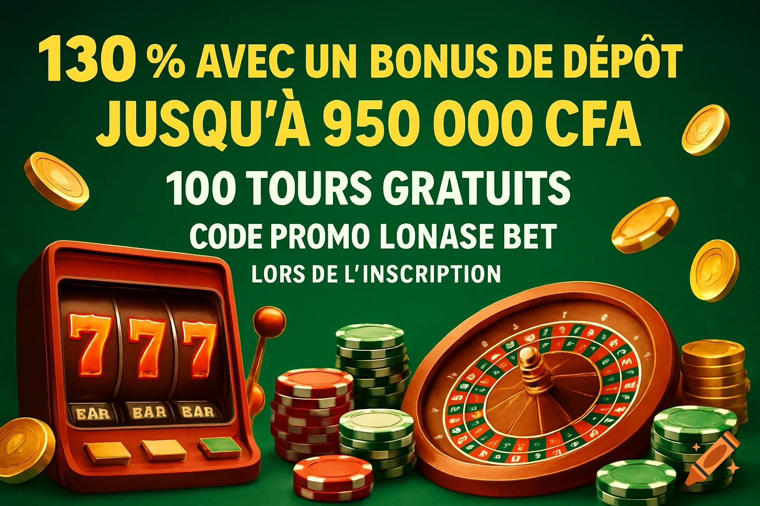 A vibrant green promotional banner for a casino website with a slot machine, roulette wheel, poker chips, and gold coins. French text advertises a deposit bonus and free spins.