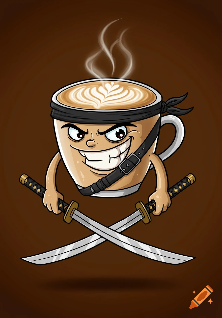 A cartoon coffee cup character with a menacing smile, wearing a black bandana, holding two crossed katanas.