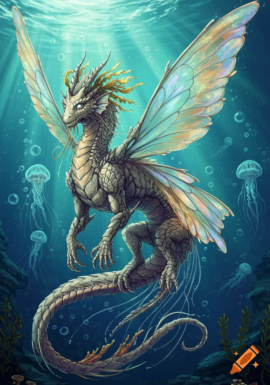 A majestic winged sea dragon with textured scales and translucent wings swims among jellyfish in luminous underwater depths.