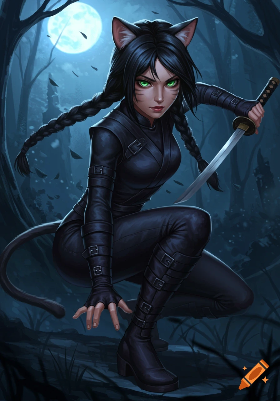 A dark fantasy illustration of a cat girl in a black suit with braids, holding a katana, crouching in a moonlit forest.