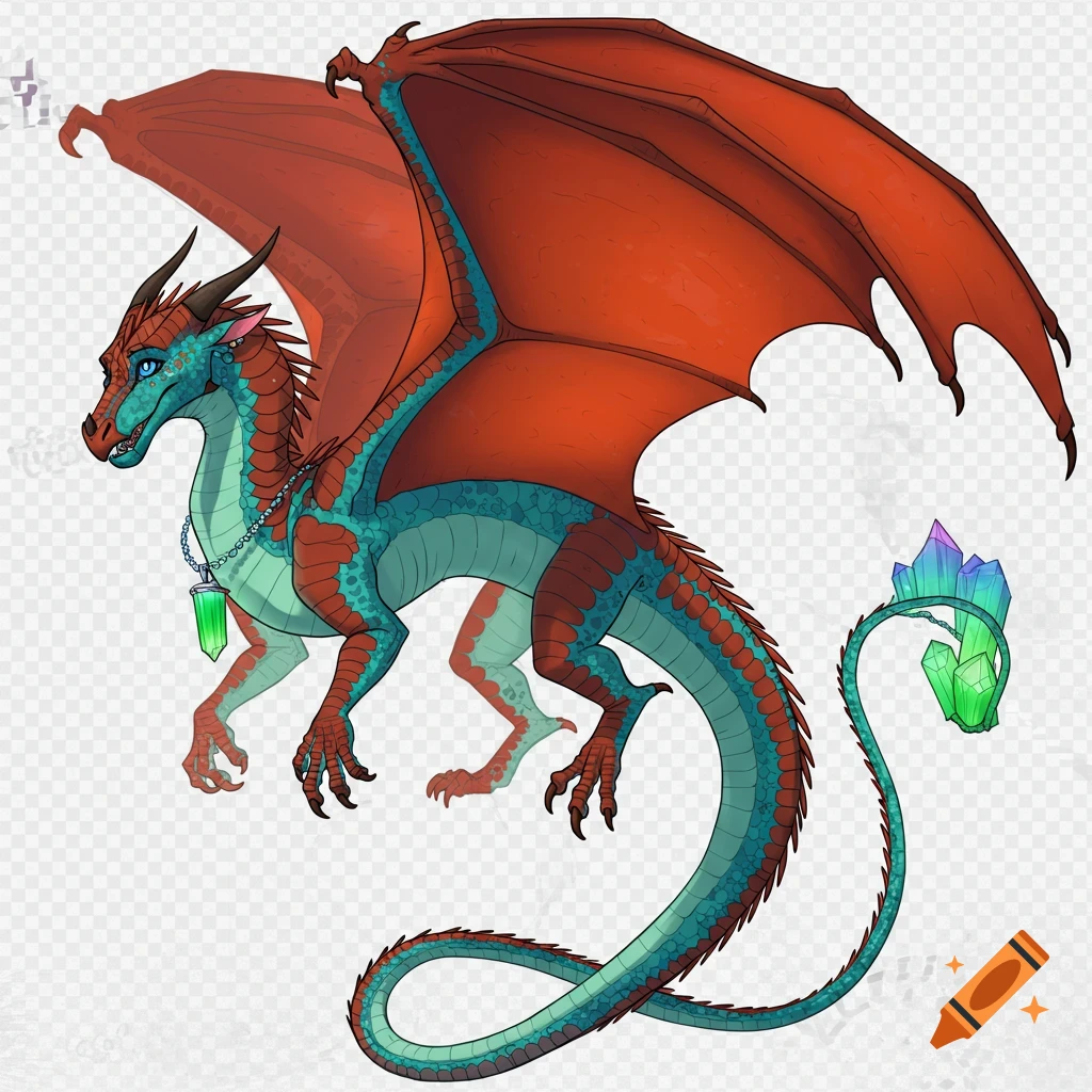 A stylized red and teal dragon with bright blue eyes, wearing a green crystal necklace, and a tail with colorful crystals, on a transparent background.