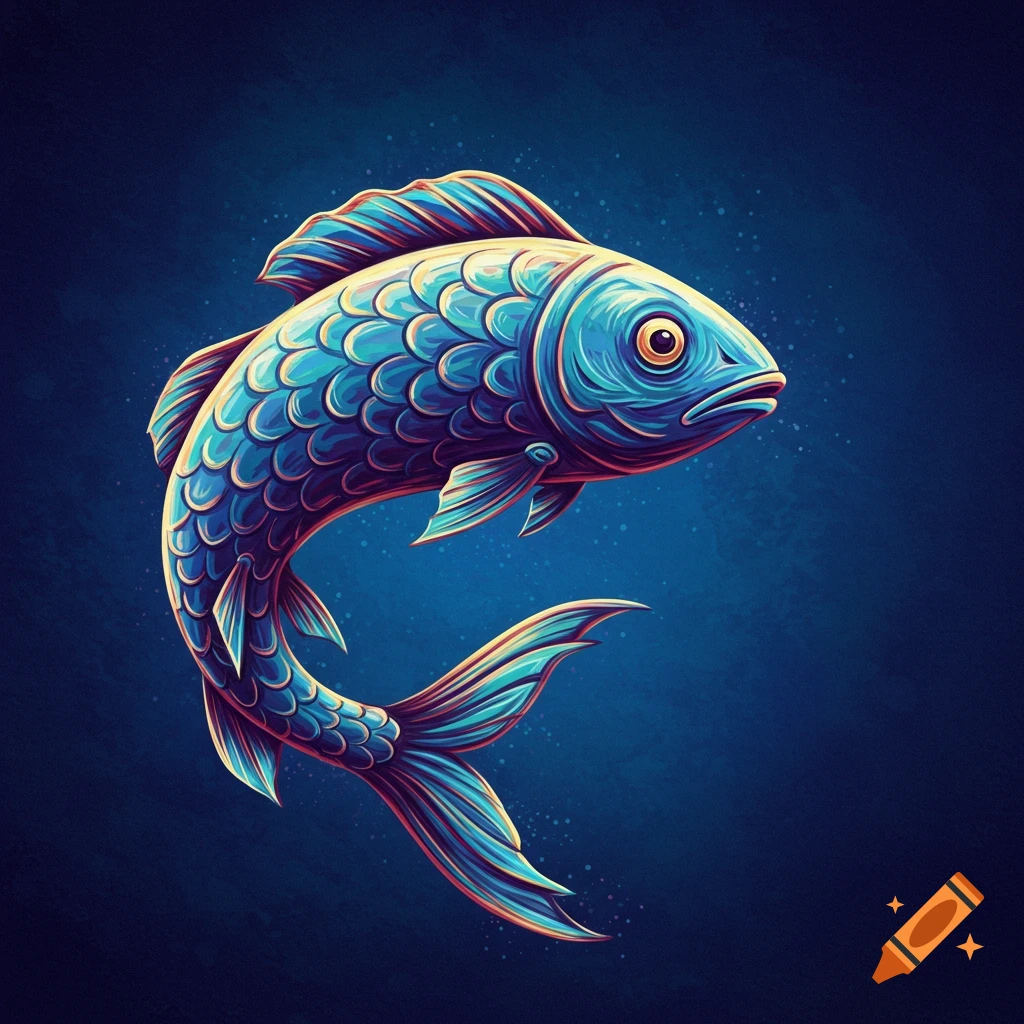 A vibrant, stylized blue fish with iridescent scales swims against a dark blue background.