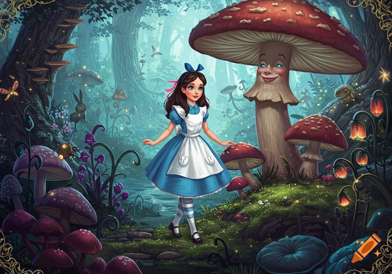 A girl resembling Alice in a blue dress stands in an enchanted forest with large, smiling mushrooms and glowing plants.