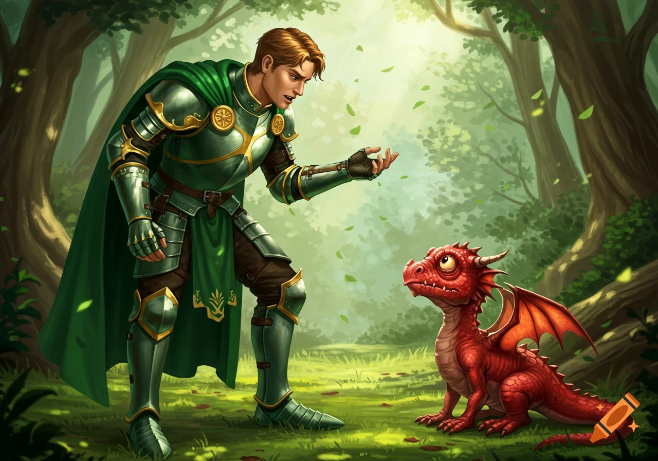 A knight in green armor kneels and extends a hand towards a small red dragon in a sunlit forest, in an illustration.