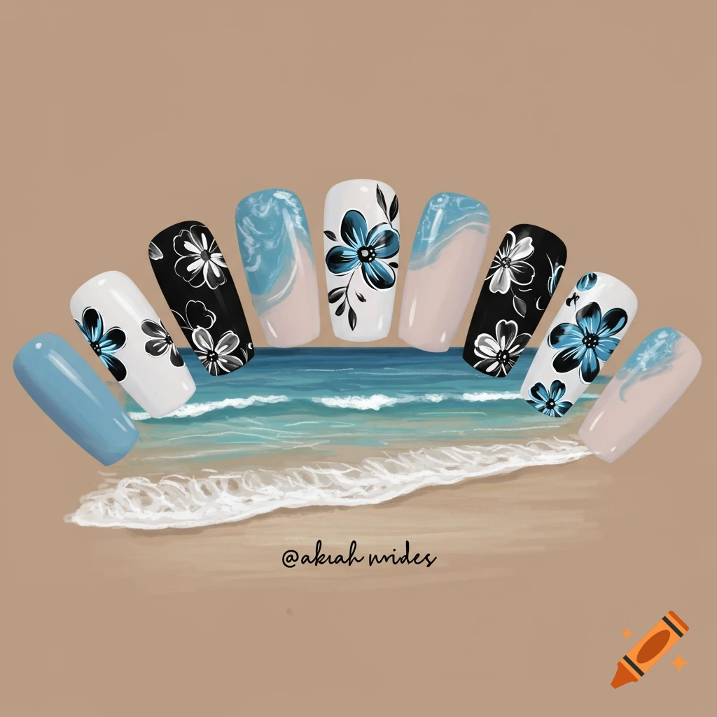 A set of decorative artificial nails with beach-themed designs, featuring blue, black, and white flowers, and blue marble patterns, set against a sandy beach and ocean backdrop.
