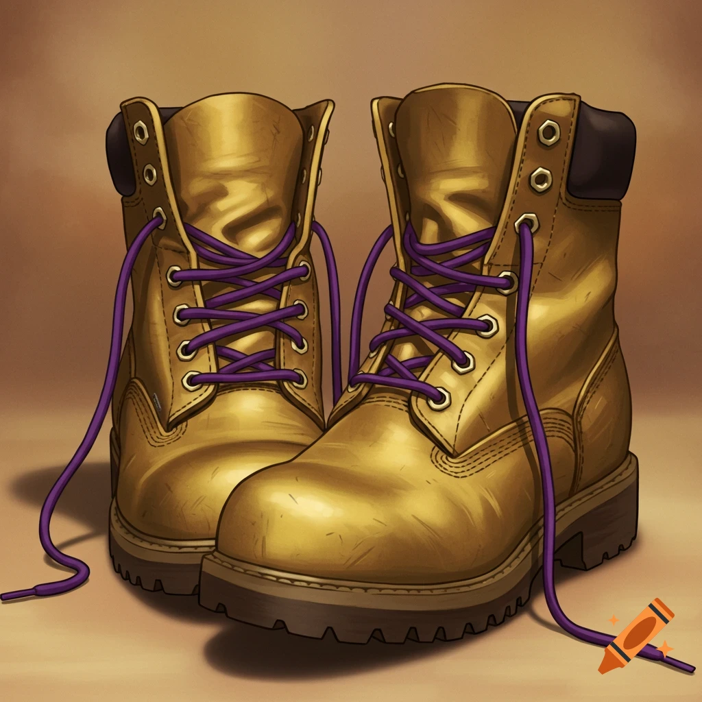 A stylized illustration of two gold work boots with vibrant purple shoelaces.