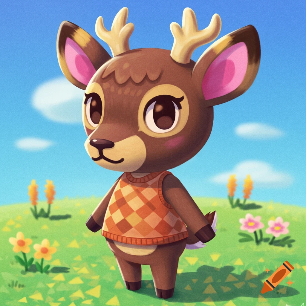 A cartoon deer villager from Animal Crossing wearing an orange argyle vest, standing in a grassy field under a blue sky.