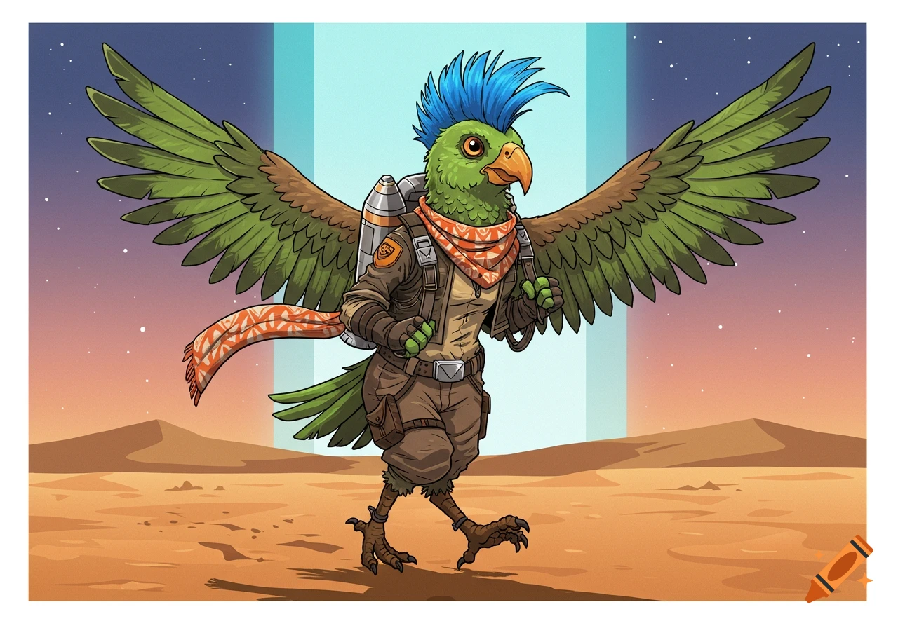 A cartoon anthropomorphic green parrot with a blue mohawk, wearing a jumpsuit, backpack, and scarf, walking in a desert under a vibrant sky.