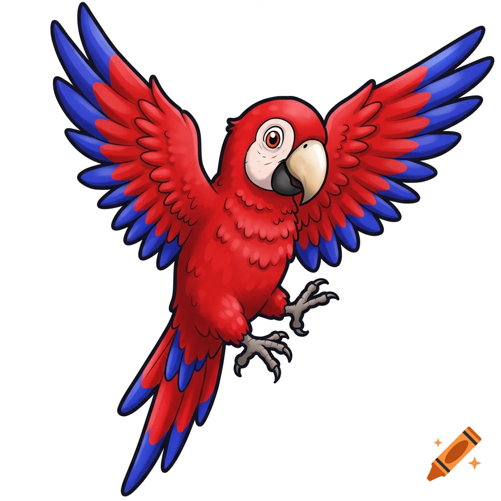 A vibrant red and blue cartoon macaw with wings spread, in a white background.