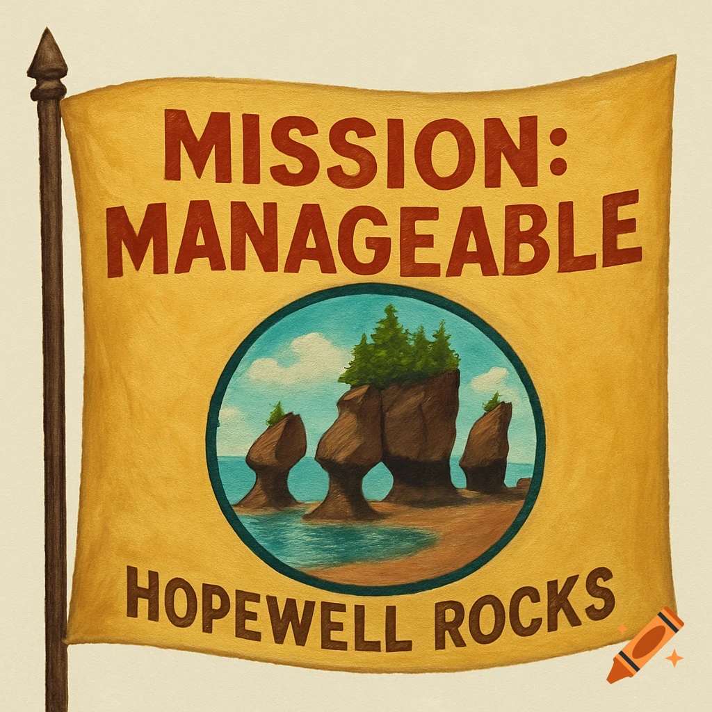 An illustrated yellow flag with 'MISSION: MANAGEABLE' and 'HOPEWELL ROCKS' text, featuring an emblem of the Hopewell Rocks sea stacks.